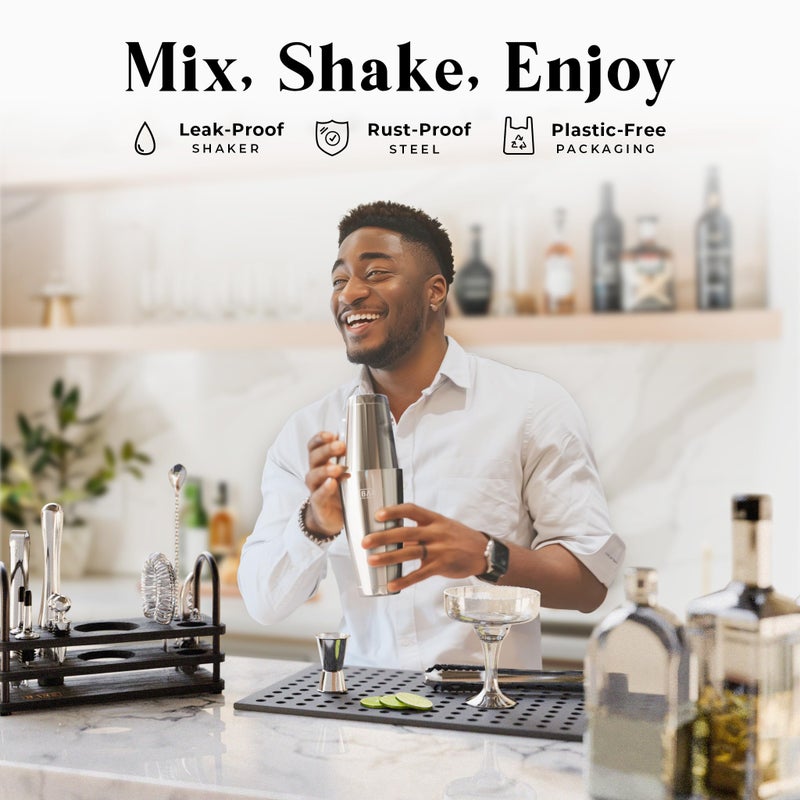 BARE BARREL Mixology Bartender Kit Bar Set | 14-Piece Cocktail Shaker Set | Martini Barware Mixing Tools for Home Bartending | 35 Recipe Cards | Gift Set (28oz Boston Shaker  Silver/Black) - Image 3